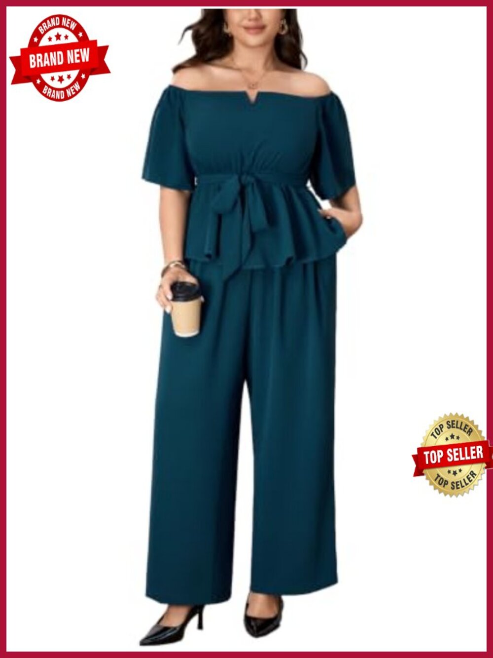 Plus Size Pant Sets for Women Off Shoulder Peplum Top Wide Leg Pants Wedding